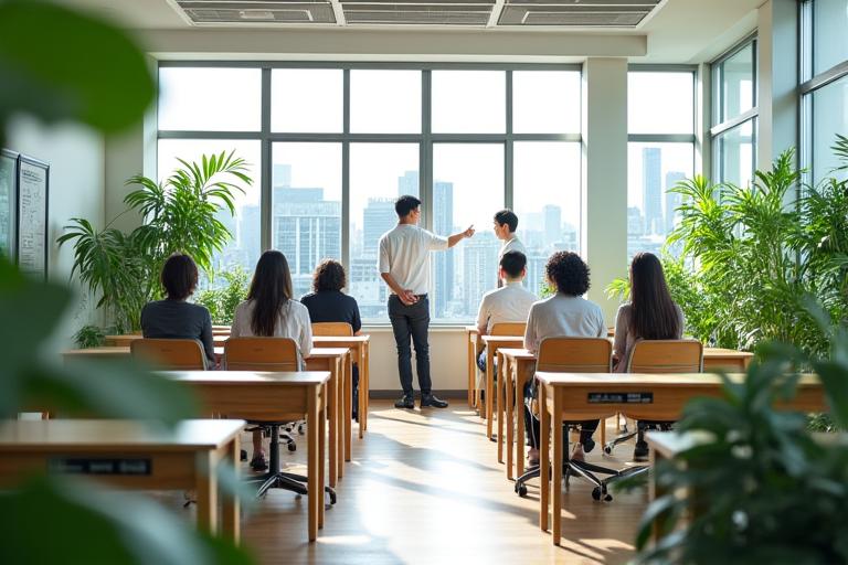 明るく広々とした研修室で、受講生たちが植物の標本を囲んで学んでいる