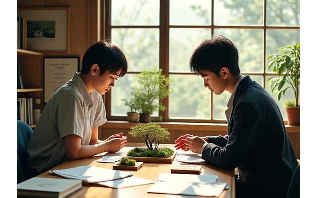 足立区の小さなオフィスで乾式庭園の模型について話し合う創業者