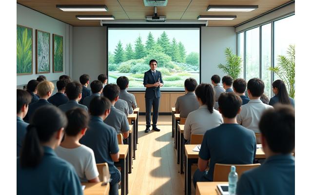 研修施設で多くの受講生が熱心に講義を聴いている様子