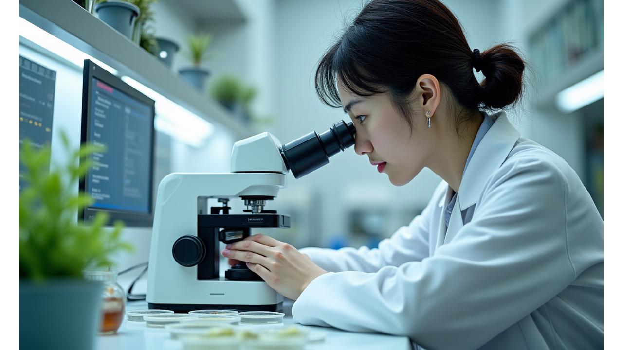 最先端の研究施設で高山植物のサンプルを顕微鏡で観察する研究者
