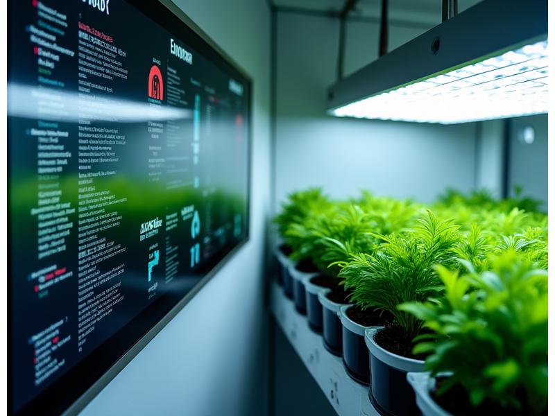 精密な温度・湿度・光を制御するモダンなシステムパネルと植物育成環境