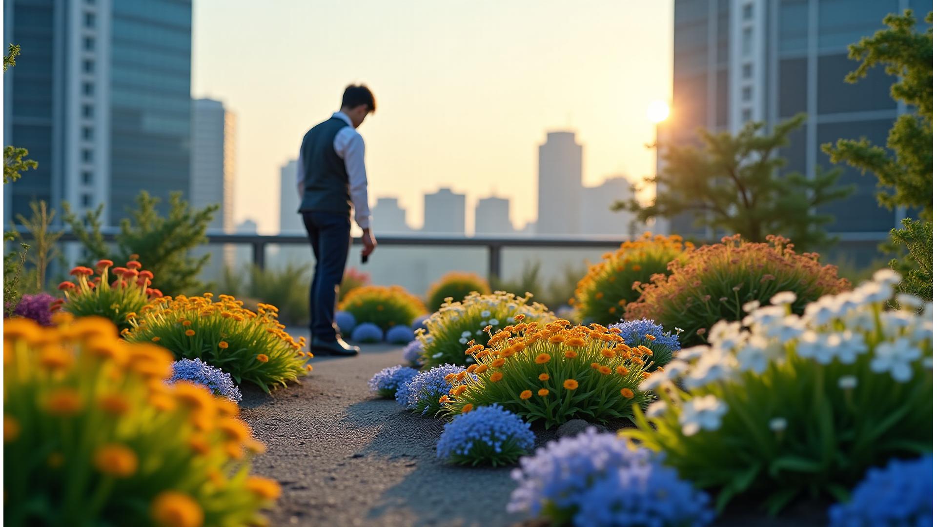 都市の屋上庭園で美しく咲き誇る高山植物と、それを手入れする専門家の姿