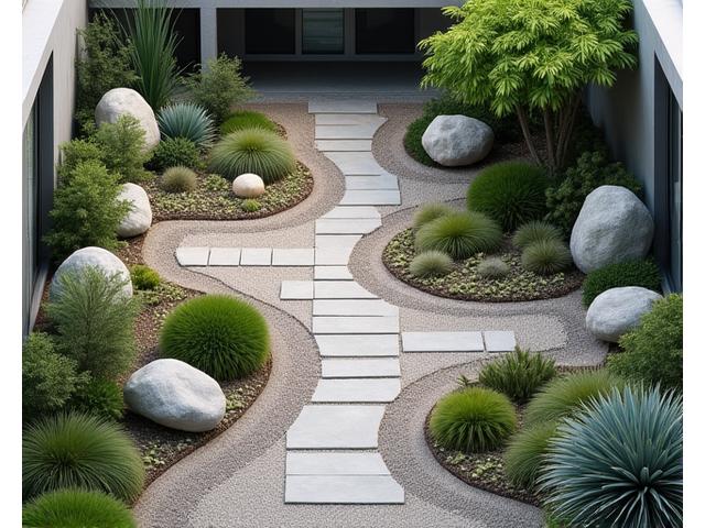 改装後の都心オフィスビルの乾式庭園。洗練された石組みと耐乾性植物が配置され、美しく持続可能な印象。