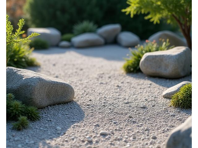 乾式庭園の美しい石と少ない植物で構成された風景