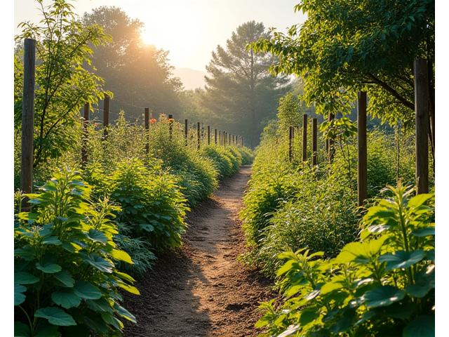 豊かな菜園と共存する自然な庭の景観