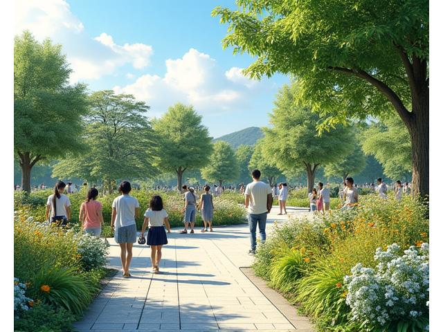 地域コミュニティが利用する広々とした公共施設の緑地