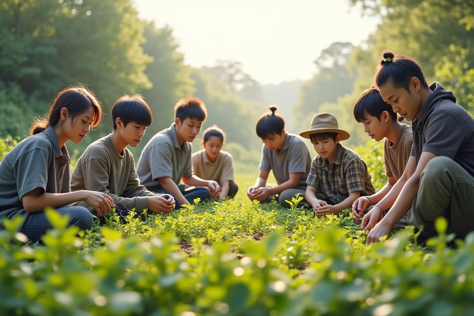 
保護区でボランティアが在来植物の手入れをしている様子。人々が協力し合い、土壌を耕したり、苗を植えたり、希少種の植物を観察したりしています。
背景には豊かな自然が広がり、活動の意義と連帯感が伝わってきます。
