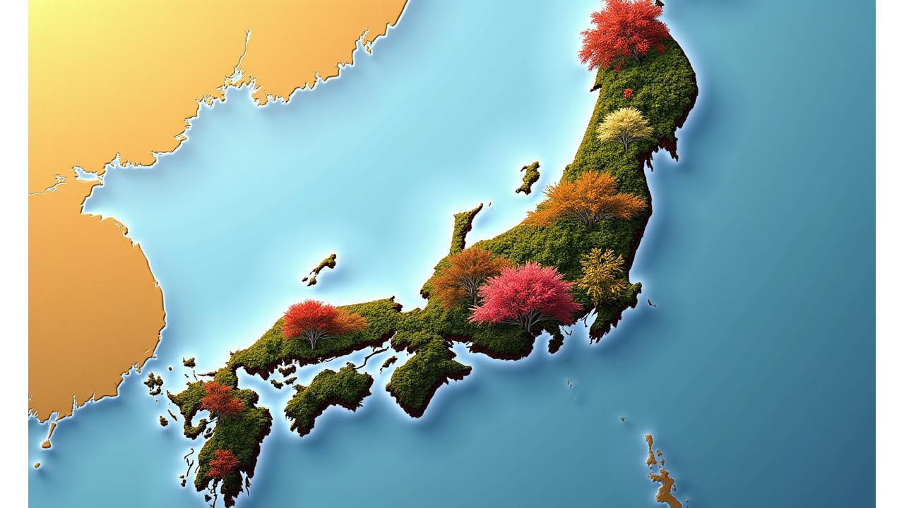 日本の四季と各地に自生する在来植物の美しい風景。
季節ごとに咲き誇る花々や紅葉、積雪に耐える常緑樹が、日本列島の地図上に分散して描かれています。それぞれの地域と季節のアイコンがポップアップし、植物の情報が表示されています。