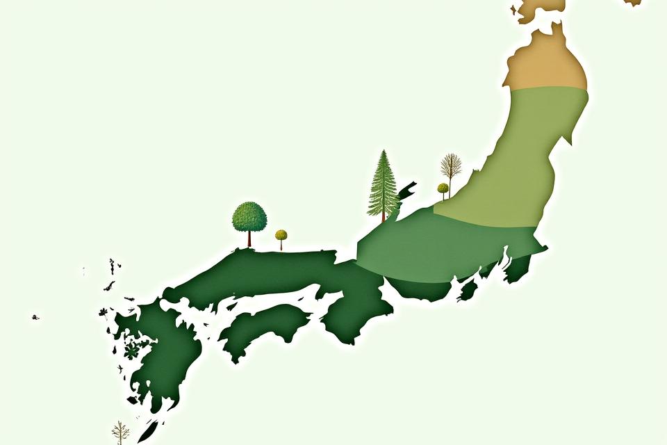 
日本の地形図に重ねて、気候帯（例：太平洋側、日本海側、山間部、都市部）が色分けされ、それぞれの地域に適した在来植物のアイコンが表示されています。
アイコンをクリックすると、その地域の代表的な植物の小画像と名前がポップアップするインタラクティブな地図。
