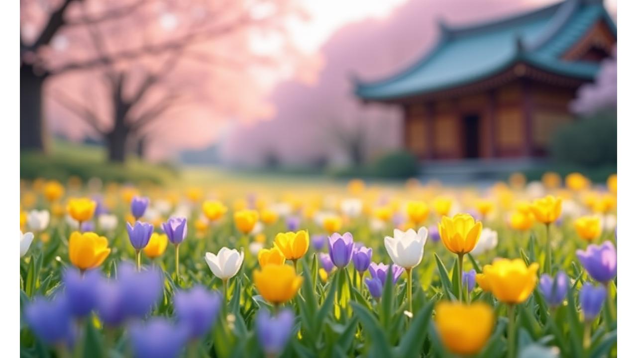 
日本の春の庭園：山桜が咲き乱れ、足元には鮮やかなスミレが絨毯のように広がり、ヤマブキの黄色がアクセントになっています。
遠景に伝統的な木造家屋が見え、春の息吹を感じさせる柔らかい日差しが庭園を照らしています。
