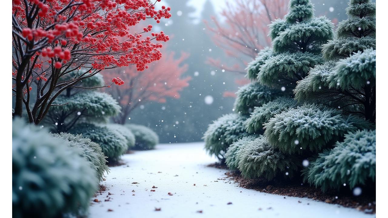 
日本の冬の庭園：雪化粧した庭に、力強く葉を茂らせる常緑樹（例：ヤブツバキ）が中心にあり、その隣に赤い実が鮮やかなサンキライがアクセントになっています。
雪景色の中に、静かで凛とした美しさが漂っています。
