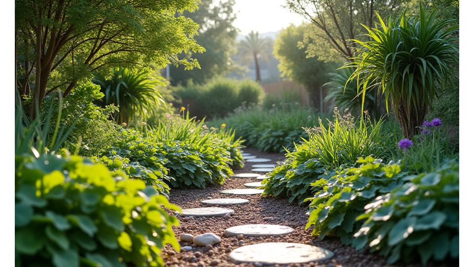 多様な植物が力強く育つ、健全な生態系の庭