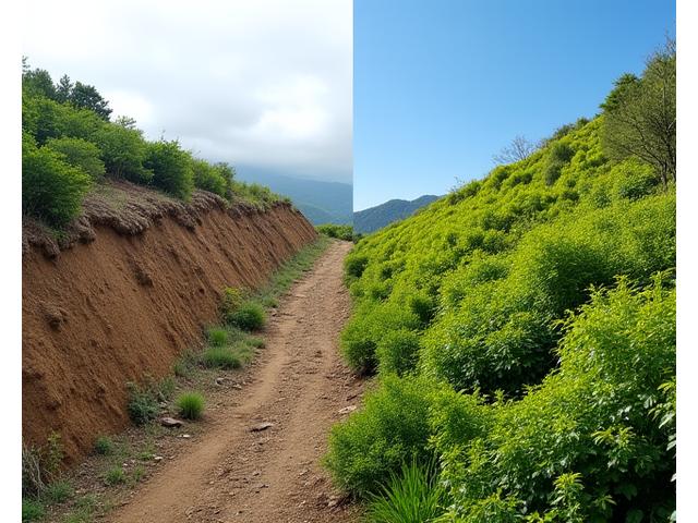 急峻な斜面が緑豊かな安定したテラスに変わる様子