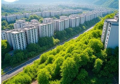 住宅団地の広範な法面が、防災と景観を考慮して緑化された事例