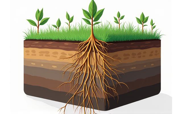 植物の根が土壌を強く結合する様子を図解する科学的イラスト