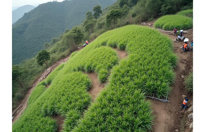 植生マットや植生袋の設置による法面緑化工事の様子