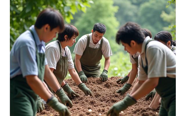 屋外で参加者が協力してコンポストを制作している様子