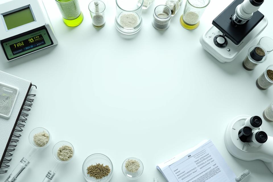 様々な土壌診断ツールやサンプルが並ぶ研究室の様子。pHメーター、試験管、顕微鏡などが見える。