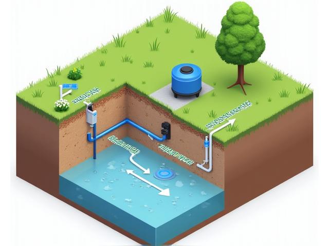 雨水貯留タンクとポンプが設置された庭の地下システム断面図のイラスト