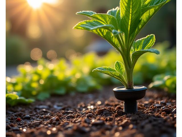 庭で植物に水をやるスマート灌漑システムとドリップラインのクローズアップ。土壌にはマルチングが施され、水滴が見える。
